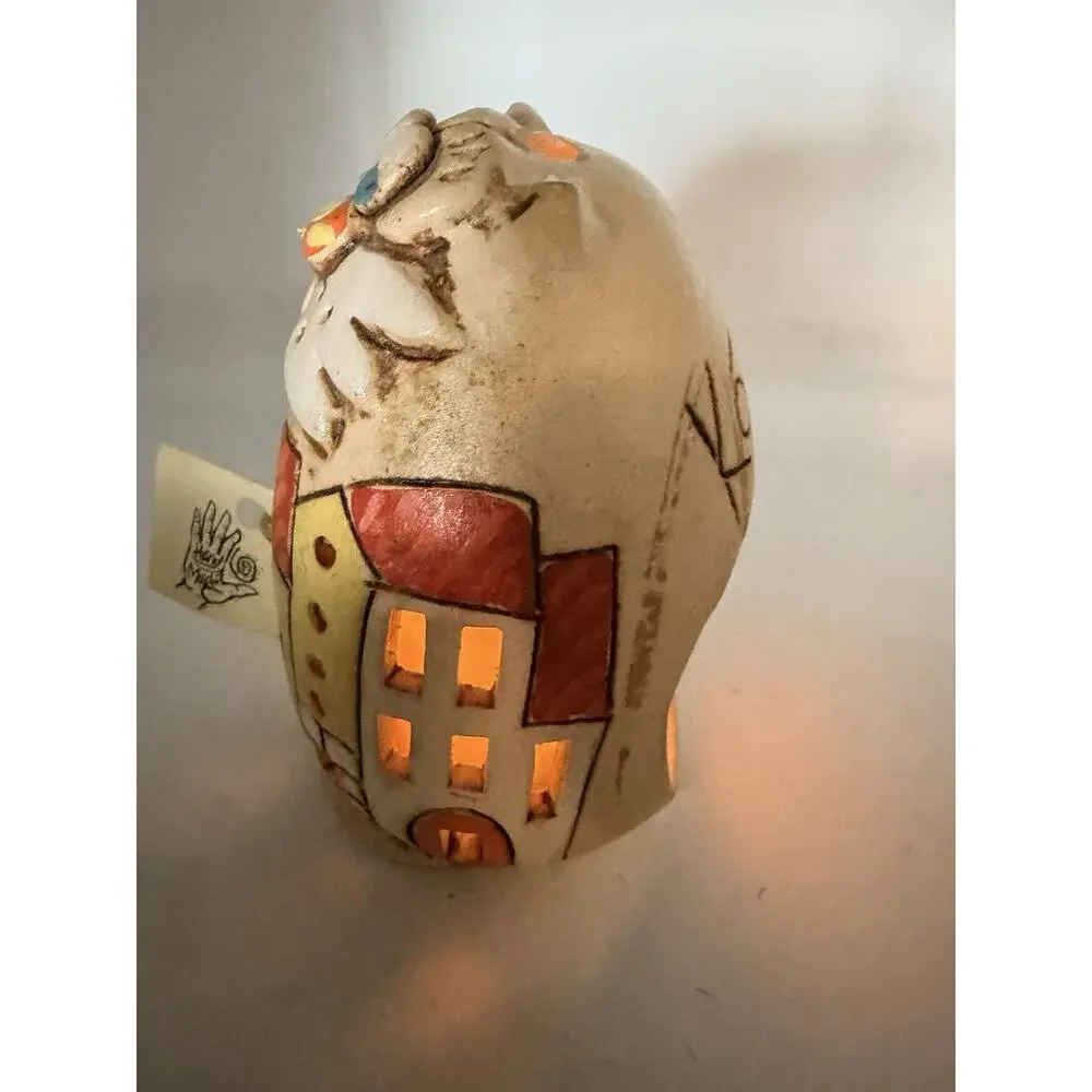 Folk Art Handmade Cat Shaped Ceramic Candle Holder Luminary Decor Votive